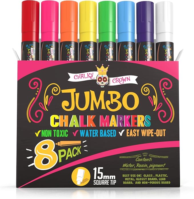 CHALKY CROWN Jumbo Liquid Chalk Markers - Bold Colors - 8 Pack, 15mm | Extra-Wide 15mm Reversible Square Tip for Bold Signs & Posters - Bright Assorted Colors for Chalkboards & Glass