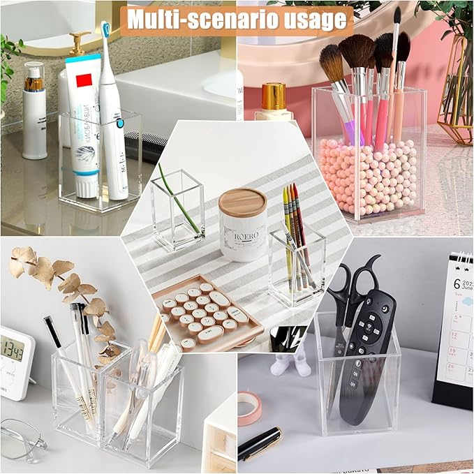 3 Pack Clear Acrylic Makeup Brush Holder,Acrylic Cosmetic Brushes Storage Organizer,Pencil Pen Holder Cup for Desk,Modern Design Desk Accessories for Office School Home Supplies