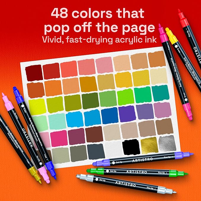 ARTISTRO Precision Dual-Tip Acrylic Paint Marker Pens - Set of 48 | For Fabric, Rock, Glass, Wood, & Coloring Books, Arts & Crafts Gift, Classroom Must Haves & School Supplies (Dot & Fine Tips)