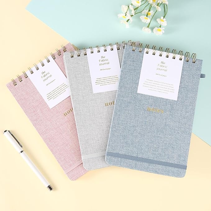 A5 Top Spiral Notebook, Fabric Hardcover College Ruled Journal | 100GSM Paper 160 Lined Pages, 5.7"x8.39" Steno Pads with Elastic Band & Pen Loop, for Work, School Note Taking (Gray)