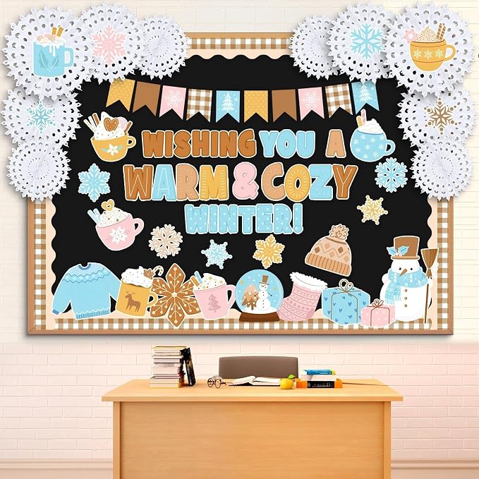 72 Pcs Winter Christmas Bulletin Board Decorations with Paper Fans | Xmas Classroom Bulletin Board Set, Cocoa Snowflake Snowball Snowman Cutout, Winter Holiday School Wall Door Decor
