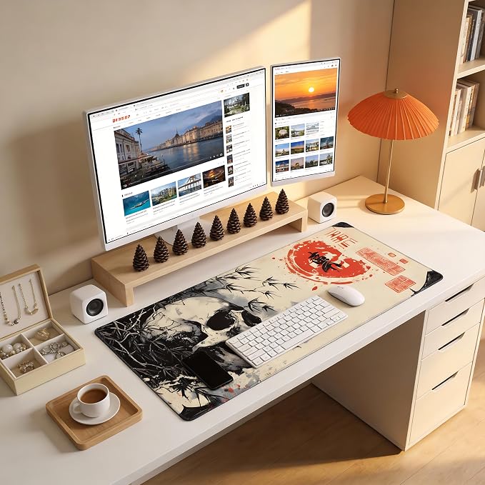 Aesthetic Skull Gaming Mouse Pad, Beige Black Japanese Desk Mat with Anti-Slip Base & Stitched Edges,35.4" x 15.7" in Desk Accessories for Women, Home Office Decor & Artistic Gift