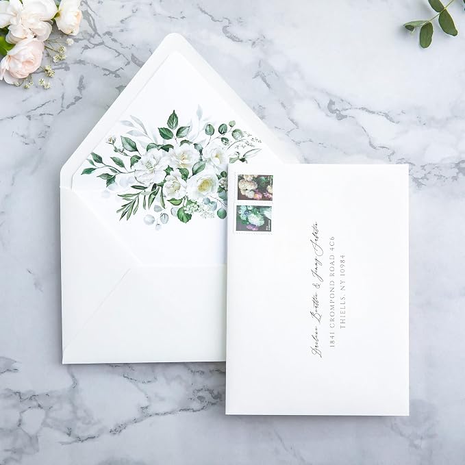 PONATIA 50PCS A7 Euro Flap Envelopes, 5.25 x 7.25'' Liner Envelope For 5x7'' Weddings Invitation Cards, Christmas Gift Cards, Acrylic Invitations, Photos (Ivory & White flower)