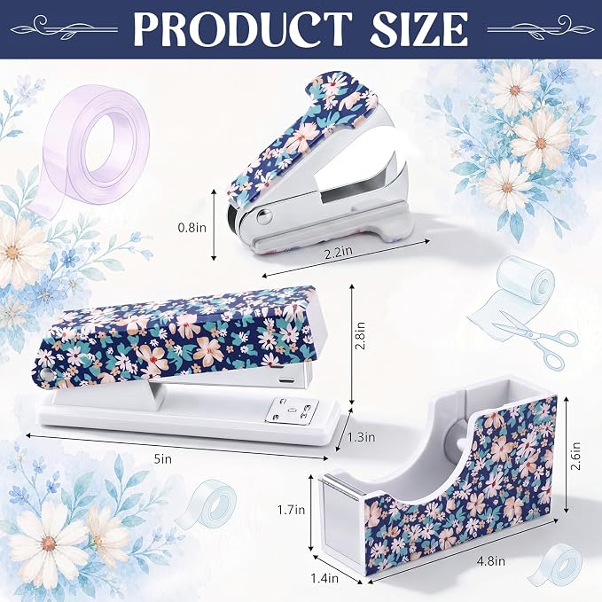 Eaasty Floral Stapler and Tape Dispenser Set for Women, Daisy | Cute Office Supplies Set with 2 Tape Rolls, Staple Remover and 1000pcs 24/6 Staples, Teacher Desk Accessories for Women