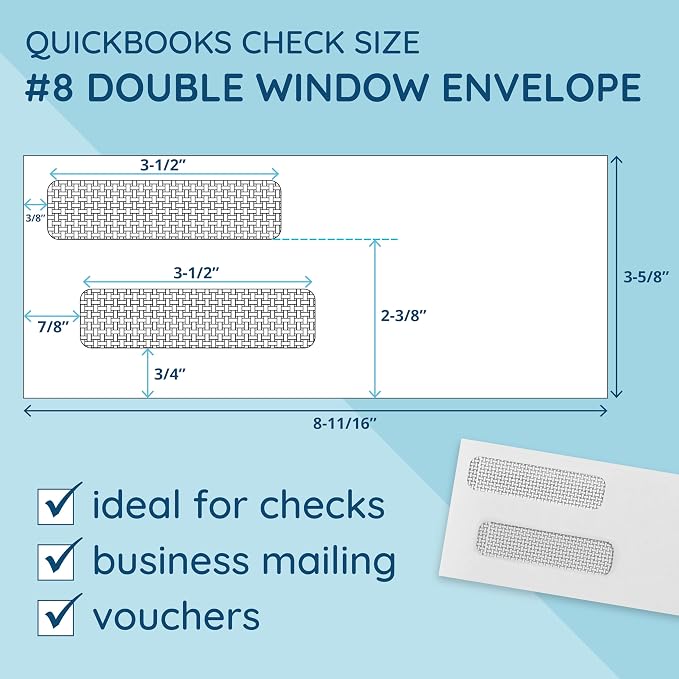 Blue Summit Supplies 500#8 Double Window Security Envelopes, Self Seal | 3 5/8 x 8 11/16 in, security tint, self seal, for QuickBooks checks, business check mailings