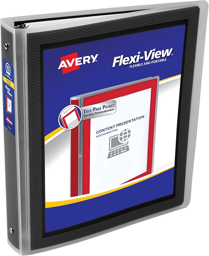 Avery Flexi-View 3 Ring Binder, 1.5" Round Rings, 1 Black Binder | For Everyday School, Home and Office Use, Preprinted Cover Frame, Interior Pocket and Card Holder, Nonstick PVC-Free Cover