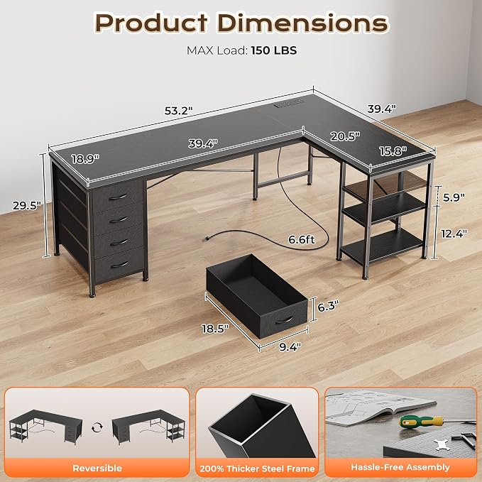 Huuger 55 Inch L Shaped Desk with Fabric Drawers, Reversible Computer Gaming Desk with Power Outlets and USB-C Port, Adjustable Side Storage Shelves, for Work Study Corner Home Office, Black