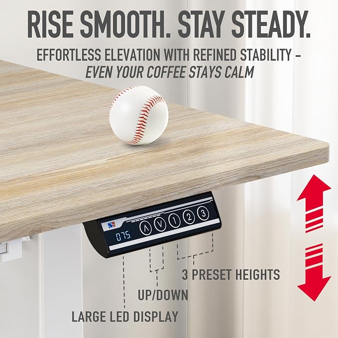 SHW 48-Inch Electric Height Adjustable Standing Desk w/Drawer, Maple | w/ Memory Presets and Cable Management | Drawer with adjustable compartments | Hanging Hooks
