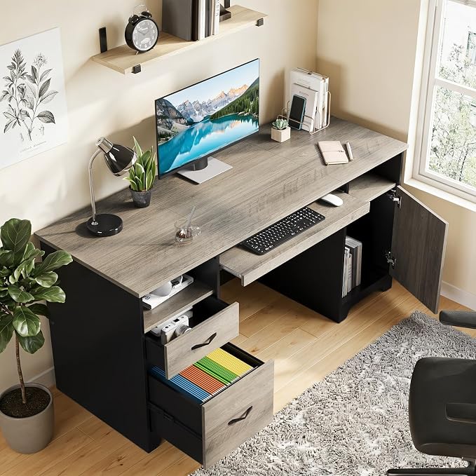 Bestier 59" Executive Desk, File Drawer, Keyboard Tray & 2 Drawers, Gray | File Drawer For Letter/A4/Legal Folders, 2 Storage Drawers, Keyboard Tray, Cable Management, 200 LBS Capacity, Wood Finish