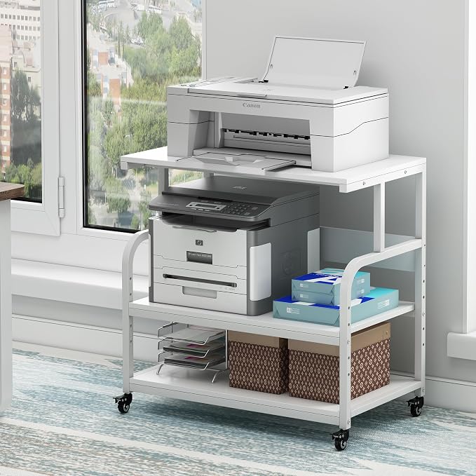 Fannova 32.3"x18.9"x32.1" Extra Large White Printer Stand with Storage | Height Adjustable Middle Shelf, 3 Tier Wide Printer Table with Industrial Wheels, Heavy Duty Rolling Cart for Home Office