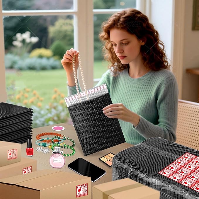 Bubble Mailers 4x10" 25 Pack and 24Pcs Fragile Stickers Bright Black Thick Waterproof Padded Poly Envelopes Bubble Wrap Mailers Self Seal Shipping Bags for Small Business Shipping Envelope Mailers#000