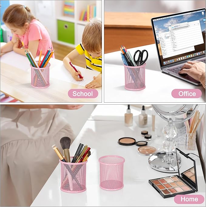 EasyPAG Pencil Holder for Desk, 2 Pack Metal Pen Organizer, Mesh Pencil Cup Organizer for Home, Office, Classroom, School, Pink