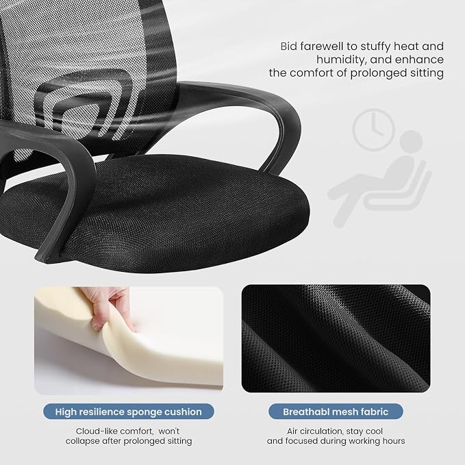DUMOS Home Office Chair - Ergonomic Mid Back Mesh Desk Chair with Lumbar Support & Rocking Mode, Height Adjustable with Fixed Armrest, for Computer, Gaming, Meeting, 360° Swivel, Black