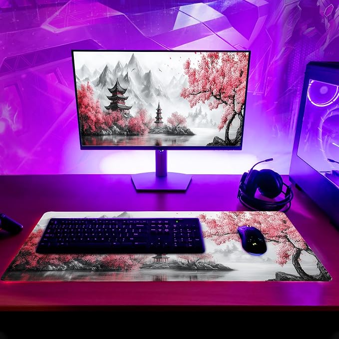 Retro Cherry Blossoms Mouse Pad 31.5x11.8 Inch White Full Desk Japanese Mousepad Extended Large Non-Slip Rubber Base Waterproof Big Keyboard Mat with Stitched Edges for Gaming and Office