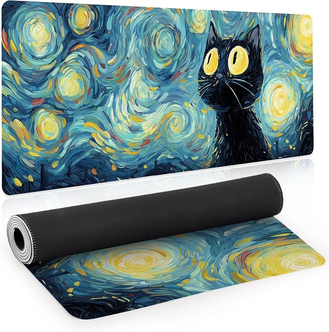 Gaming Mouse Pad, Big Cute Mousepad, XL Large Extended Desk Mat with Non-Slip Rubber Base, Laptop Desk Pad, Computer Keyboard Mat Office&Home, 31.5x11.8in, Starry Night Black Cat