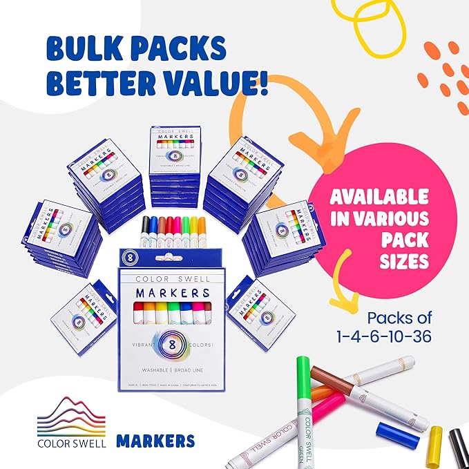 Color Swell Washable Bulk Markers - 18 Boxes of 8 Vibrant Colors (144 Total) Perfect for Kids, Parties, Classrooms - Broad Line Markers