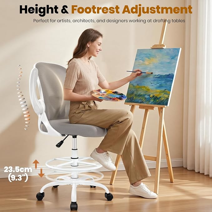 Ergonomic Drafting Chair with Flip-Up Armrests & Adjustable Footrest – Tall Office Chair for Standing Desks, Lumbar Support, Gray – Home & Office Comfort