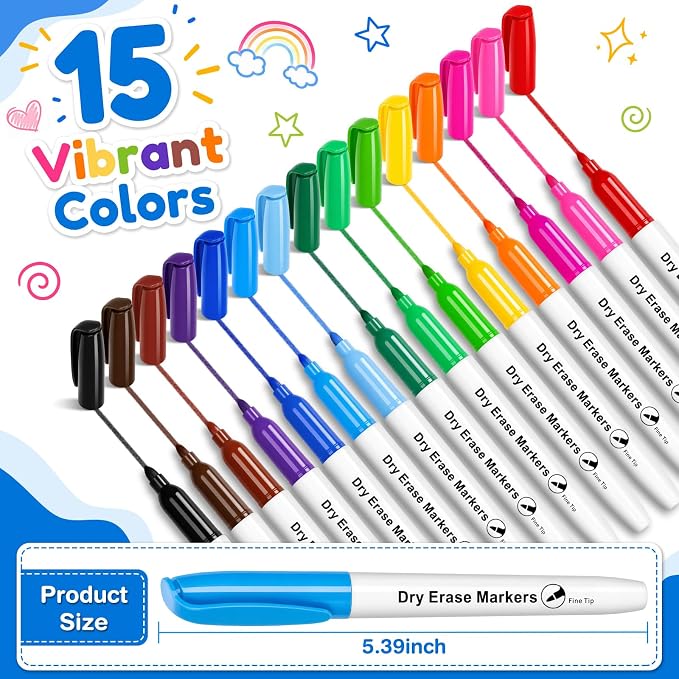 V-Opitos 30 Pack Fine Tip Dry Erase Markers - Bulk Whiteboard Erasable Markers in 15 Colors, Ideal for School Classroom Office Supplies, Non-Toxic & Easy Clean for White board