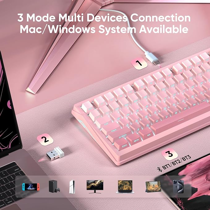 RedThunder K95 Wireless Mechanical Keyboard, TFT Screen & Knob, Triple-Mode, Custom Gasket Mount Hot-Swap, Pre-lubed Linear Pink Switches, RGB Backlit, Side-Printed PBT Keycaps, Gradient Sakura Pink