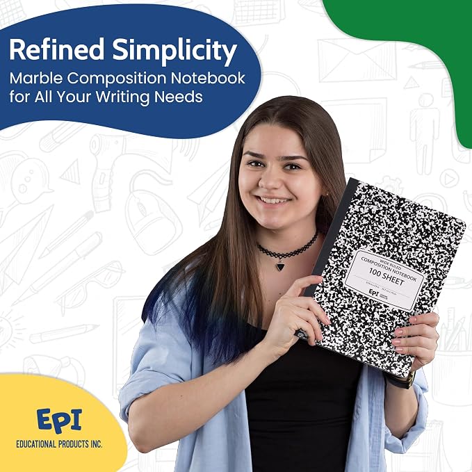 6 Pack - EPI Marble Hardcover Wide Ruled Composition Notebook | 200 Pages (100 Sheets), 9.75 x 7.5 in, Sturdy Sewn Binding | School, Office, Journaling, Notes