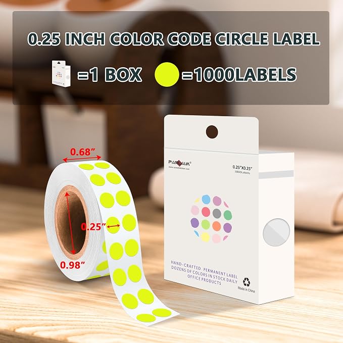 PARLAIM 1/4 Inch Circle Sticker Labels,1000 Stickers Round Color Coding Circle Dots Stickers, Adhesive Roll Dot Label for Inventory Organize, File Classification (Fluorescent Yellow)