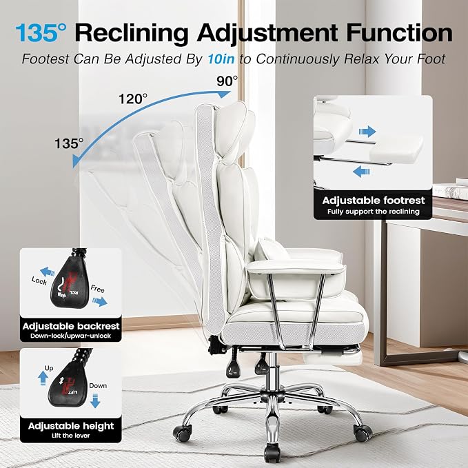 ALLGOD Big and Tall Office Chair 400LBS, Executive Ergonomic Leather Chair with Footrest, Wide Seat Gaming Office Chair with Pocket Spring Cushion, Reclining High Back Computer Desk Chair, White