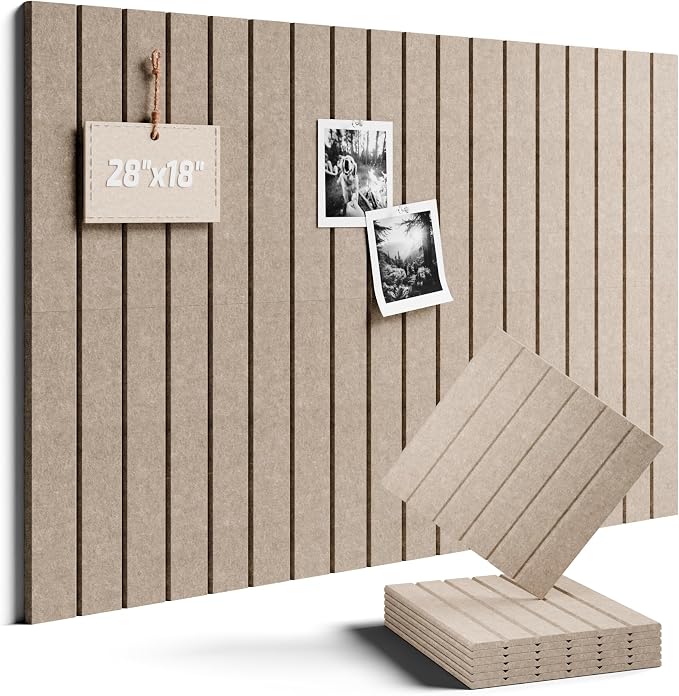 28" x 18" Felt Bulletin Board Tiles, Fine Stripe, Taupe | 6-Pack Cork Board Alternative, 30 Adhesive Tabs, Push Pin Board, Wall Decor, Office, Home, Classroom, Dorm