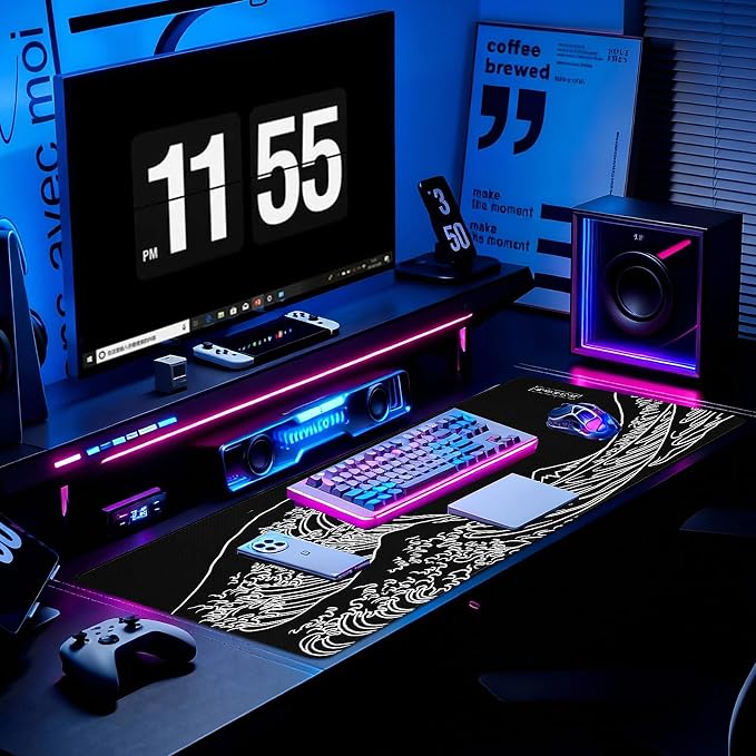 Gaming Desk Mat with Silky Smooth Surface & Exquisite Patterns,31.5x11.8 Inches Large-Sized Mouse Pad, Perfect for Extended Gaming,Work,and Home Office Decor (Kanagawa Waves 3)