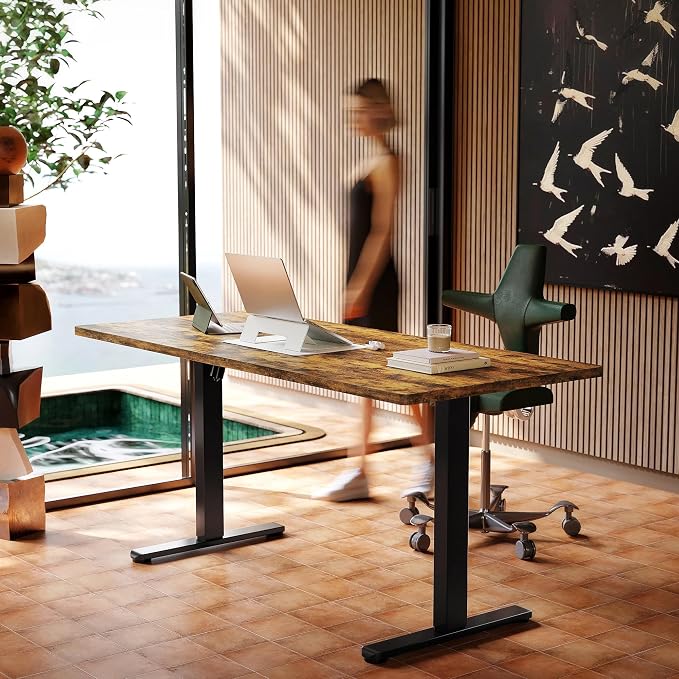 HUANUO 71x30 Inch Electric Standing Desk, Height Adjustable, Rustic Brown | 176 Lbs Capacity, Smooth Home Office Desk, 4 Memory Presets & Headphone Hooks, 28.3–46.5 Inch Height Range, Easy to assemble