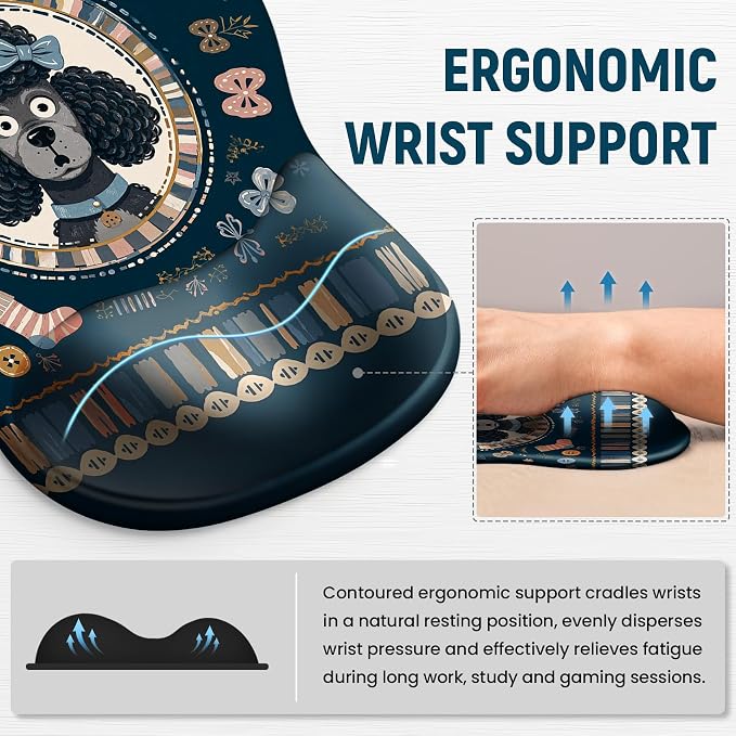 Ergonomic Mouse Pad with Wrist Rest, Gel Wrist Support, Poodle | 10.2 x 7.6 in Mouse Pad with Smooth Fabric Surface and Non-Slip Rubber Base for Office, Home, Study, and Gaming