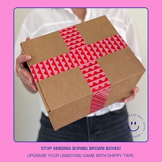 Decorative Packing Tape with Pink Dispenser – Pink & Red Wavy Pattern, 1.88" x 22.2 Yards – Cute Printed Shipping Tape for Gifts, Small Business Essentials, and Mailers