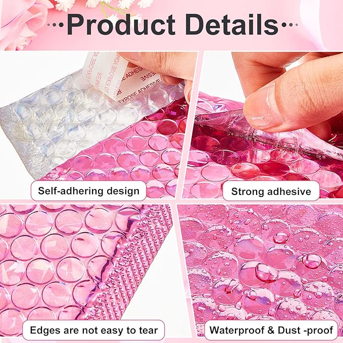 Henoyso 60 Pcs 6 x 9.5 Inch Holographic Bubble Mailers Metallic Bubble Envelopes Usable Size 5.12" x 7.87" Waterproof Self Seal Shipping Bags for Makeup Jewelry Small Business, Silver, Pink, Rose Pink