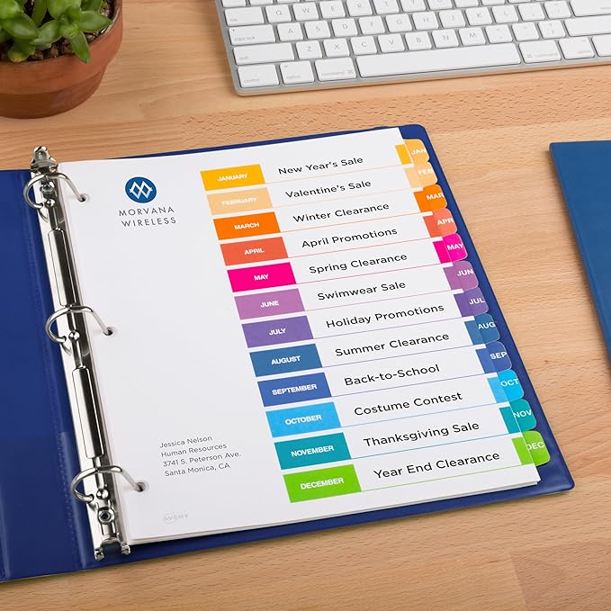 Avery Jan-Dec Dividers for 3 Ring Binders, 12 Tabs per Set, Customizable Table of Contents, Multicolor Tabs, Great for Organizing Reports, Projects, and More (11127)
