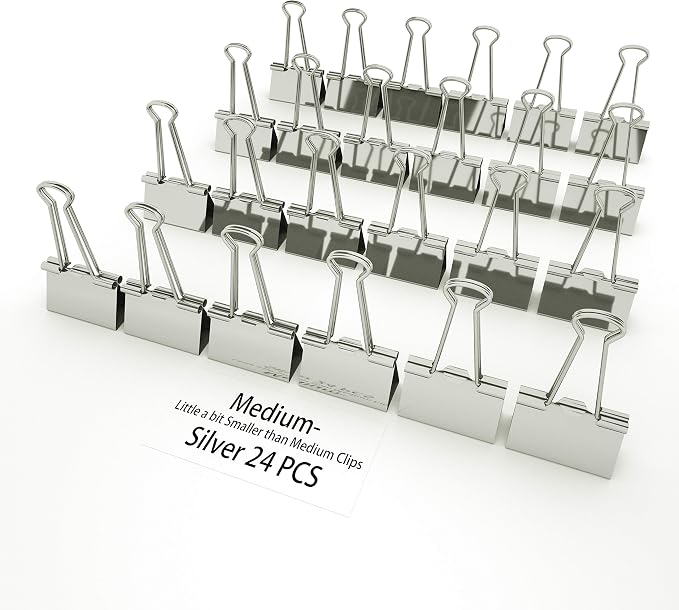 Nctinystore Binder Clips Little a bit Smaller Than Medium Clips Metal Clamp 1-in / 25-mm (Silver, 24-Count)