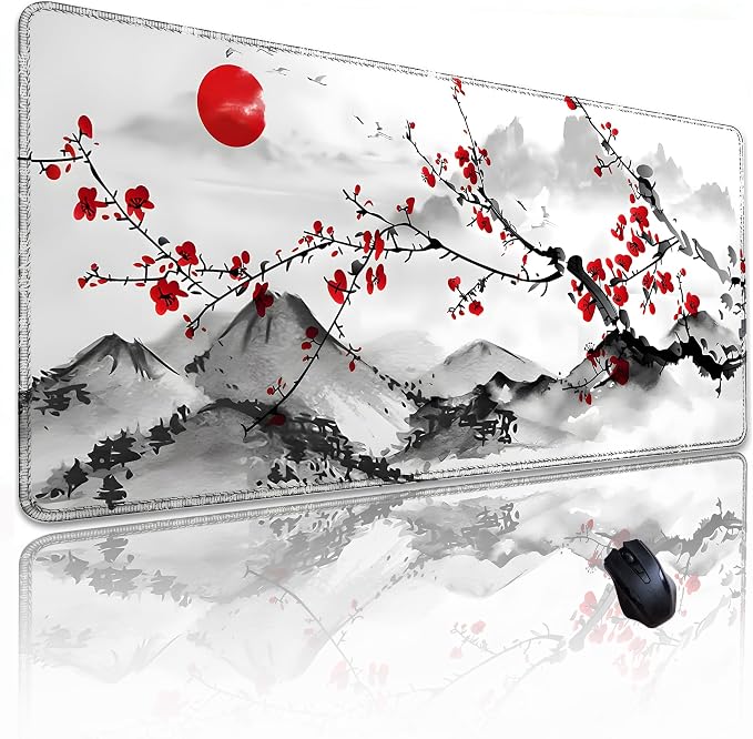 Japanese Sakura Mouse Pad, Red Moon, 31.5x11.8 Inch White deskmat | Anime Desk Mat, Large, Non-Slip Rubber Base, Waterproof, Stitched Edges