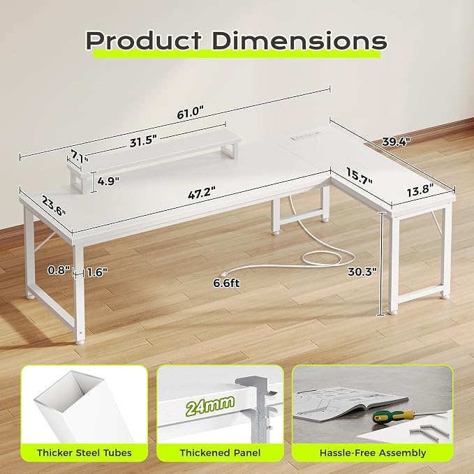 61" L Shaped Computer Desk, Power Outlets, Monitor Stand, White | USB-C Ports, Reversible Charging Station, Spacious Desktop & Legroom, 0.94 Inch Thick Desktop, for Gaming, Study & Work