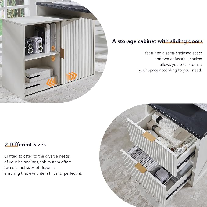 67"Fluted Desk with Cabinet & 2 Drawers, Modern Office Desk Built‑in Outlet | Wood Home Office Desk, storage cabinet with sliding doors, Fluted Computer Writing Desk, Antique White