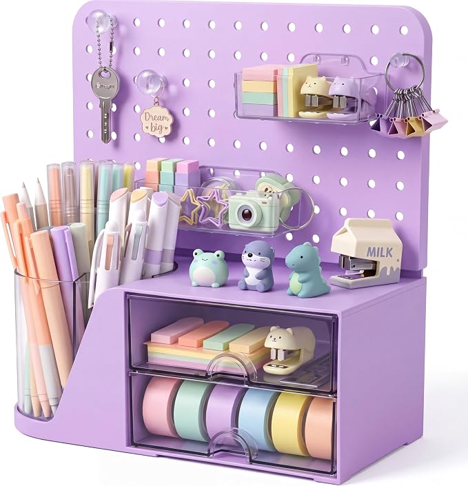 Novabright Desk Organizer with Drawers, Rotating Pen Holder with 5 Slots & Pegboard, Back to School & First Day of School Gifts, Multifunctional Desktop Storage for Desk Home Office Supplies(Purple)