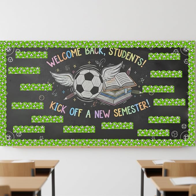 BeYumi Soccer Sport Border Trim - 65ft Back to School Soccer Sport on Green Scalloped Rolled Border Trim Football Sports Ball Theme Bulletin Board Set Party School Classroom Chalkboard Wall Decoration