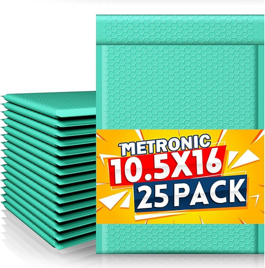 METRONIC 10.5x16 Bubble Mailers 25pack, Teal Bubble Mailer Usable Size 10.5x15, Waterproof Large Padded Envelopes, Self Adhesive Padde Mailer for Packaging, Shipping, Mailing