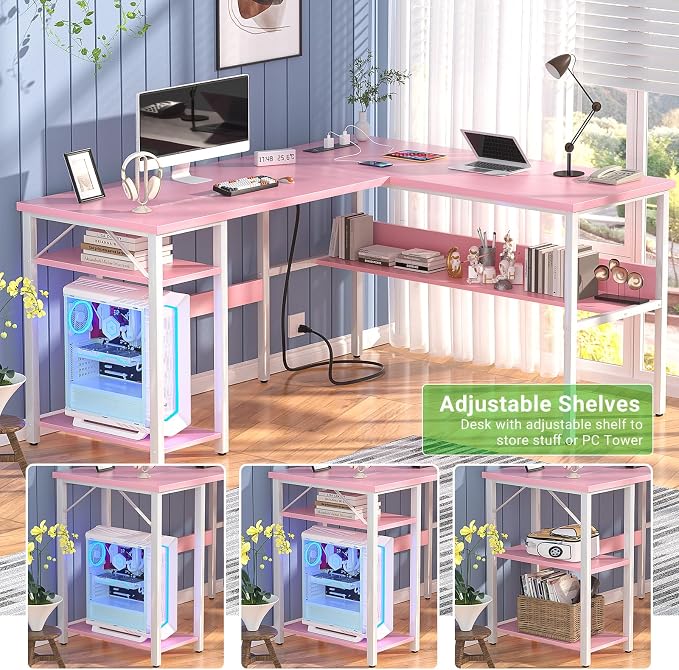 Unikito Reversible L Shaped Desk with Magic Power Outlets and USB Charging Ports, Sturdy Corner Computer Desk with Storage Shelves, Gaming Table Home Office Desk, Easy to Assemble, Pink