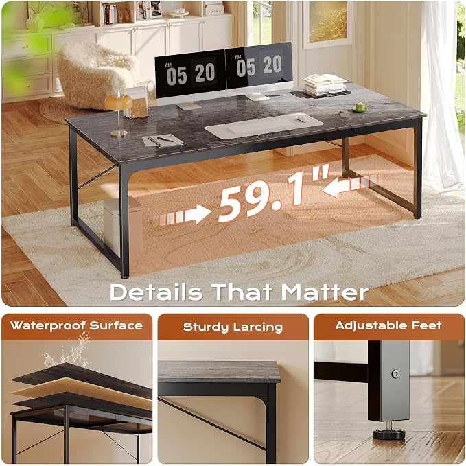 63 X 29.5 Inch Computer Desk with Deeper Desktop, Gaming Office Writing Work Desk for Home Office, Study, Bedroom, Work from Home, Metal Frame, Grey