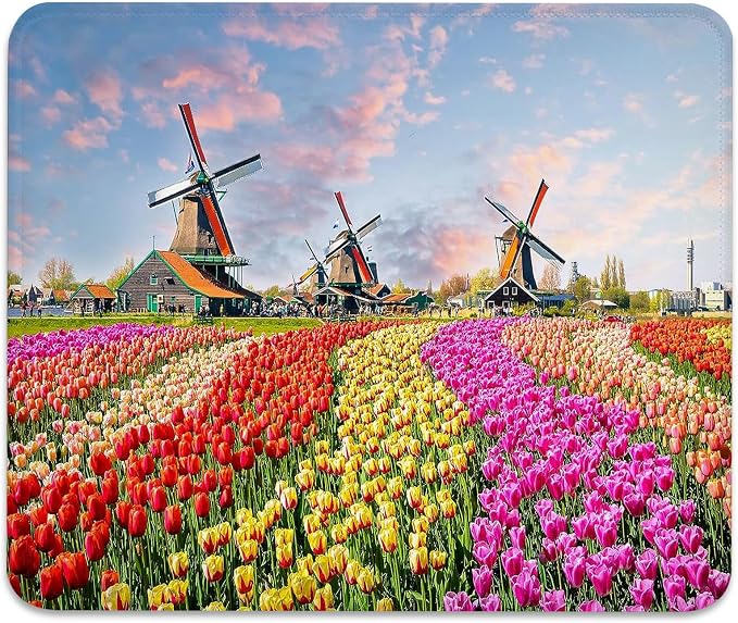 Tulips Flowers Puzzles Landscape Mouse Pad, Holland Windmill Desk Mat | Nature Colorful Floral, Cute Mousepad Stitched, Anti-Slip Base Smooth Surface, 9.5 x 7.9 Inches