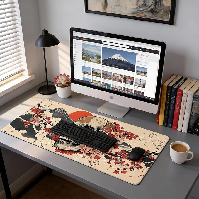 Aesthetic Skull Gaming Mouse Pad, Beige Red Japanese Desk Mat with Anti-Slip Base & Stitched Edges, Office Supplies & Desk Decor for Women, 35.4" x 15.7" in Home Office Essentials