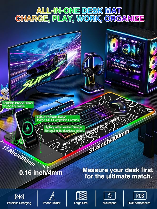 RGB Mouse Pad with Foldable Phone Stand Wireless Charger, 31.5"x11.8" XL Gaming Mousepad Large Desk Mat, Desk Pad with 11 Colors 5 Modes, Waterproof