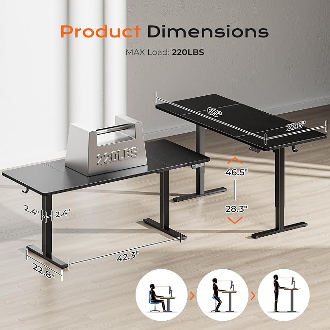 Huuger 63 x 28 Large Electric Standing Desk, Height Adjustable Computer Desk, 27.6" Deep Desktop, Stand up Gaming Office Table with 2 Hooks, 3 Preset Heights, for Home Office, Black