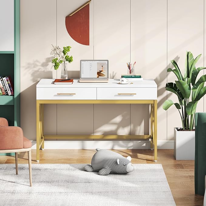 Tribesigns Modern Computer Desk with 2 Drawers Set of 2, 41 Inches Study Writing Office Desk for Home Office, Bedroom, Makeup Vanity Table Desk with Gold Metal Frame, White & Gold