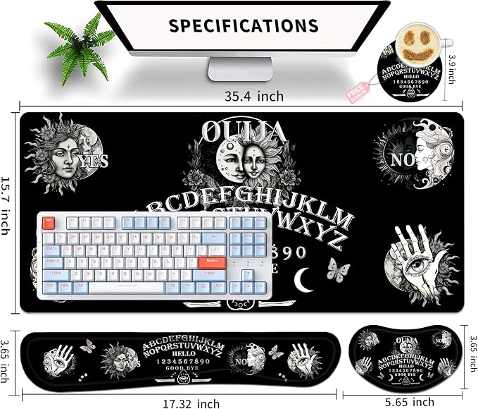 Large Gaming Mouse Pad Set 35.4 x 15.7 with Keyboard Wrist Rest, Wrist Support, and Coaster Memory Foam Smooth Desk Pad Mousepad for Home Office School - Ouija Board