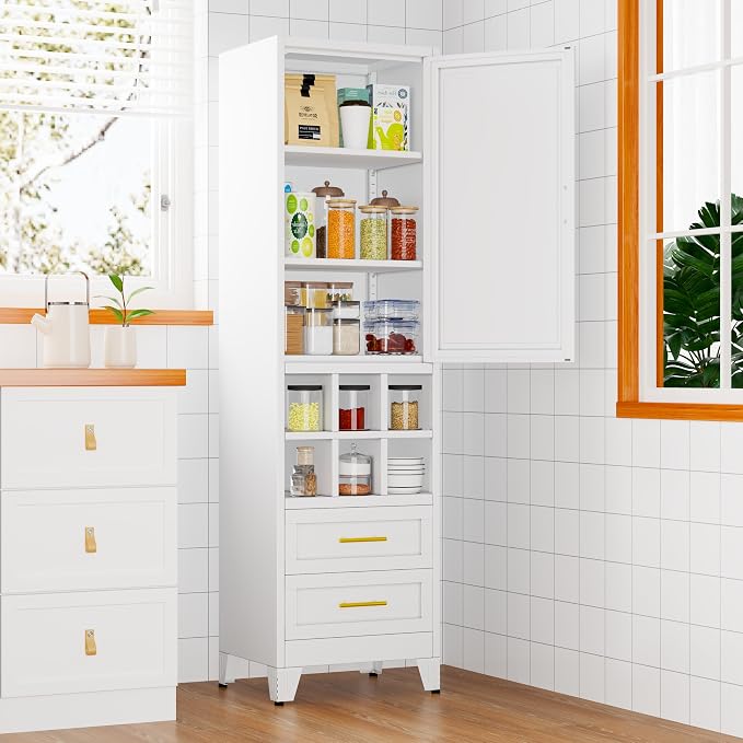 Ckzbx Tall Narrow Storage Cabinet, 66.93" H Tall Bathroom Cabinet Metal Pantry Cabinets with Drawers, 3 Adjustable Shelves, for Kitchen, Bathroom, Home Office, Living Room (White)