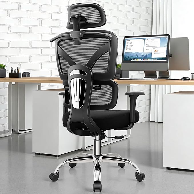 Ergonomic Office Desk Chair, High Back Mesh Office Chair with Adjustable Lumbar Support, 3D Headrest, Big and Tall Home Computer Desk Chairs Comfy for Work, Gaming, 300lbs, Black